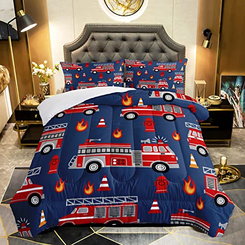 QOOMO Fire Truck Comforter Twin Size,Truck Kids Comforter Set,3Pcs Bedding Set Printed Comforter with 2 Pillowcases,Down Alternative,Soft and Lightweight,for All Seasons