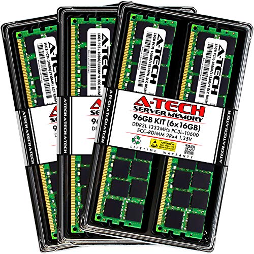 A-Tech 96GB Kit (6x16GB) DDR3/DDR3L 1333MHz PC3L-10600R ECC RDIMM 2Rx4 Dual Rank 1.35V Registered DIMM 240-Pin Server RAM Memory Upgrade Modules (A-Tech Enterprise Series)