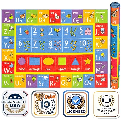 KC CUBS ABC Alphabet, Numbers and Shapes Educational Learning & Fun Game Play Area Non Slip Boy Girl Kids Rug Carpet for Children Bedroom, Toddler Classroom Baby Playroom Mat, Playtime Activity