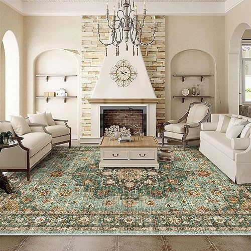 TOPRUUG Washable Oriental Area Rug - 9x12 Rugs for Living Room Soft Carpet for Bedroom Waterproof Floral Distressed Indoor Stain Resistant Non-Shedding Floor Carpets (Green, 9x12)