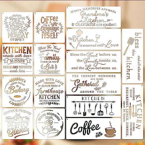 Farmhouse Kitchen Stencils Reusable Stencil for Painting on Wood, Large Wood Burning Stencils Craft Templates for Coffee Bakery Sign Dining Room Fabric Canvas Wall Decoration(Kitchen)