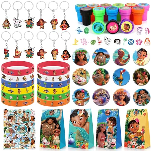 112PCS Princess Themed Decorations - Cartoon Birthday Party Supplies Including 12 Keychain, 12 Button Pins, 12 Silicone Bracelets, 14 Stampers, 50 Stickers, 12 Gift Bags for Theme Party Gifts