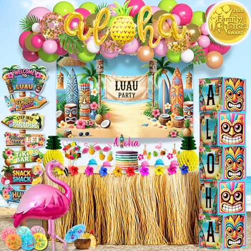 180 pc Luau Party Decorations Set – Hawaiian Birthday Party Decor with Balloons, Backdrop, Table Skirt, Toppers & More – Tropical Aloha Themed Supplies for Indoor & Outdoor Celebrations