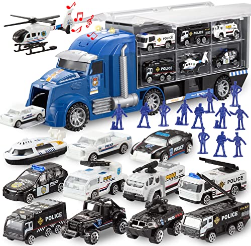 JOYIN 25 in 1 Police Rescue Truck Car Toy Set with Sounds and Lights, Mini Police Vehicles in Carrier Truck, Play Police Patrol Rescue Vehicle Toy, Birthday Gifts for Over 3 Years Old Boys