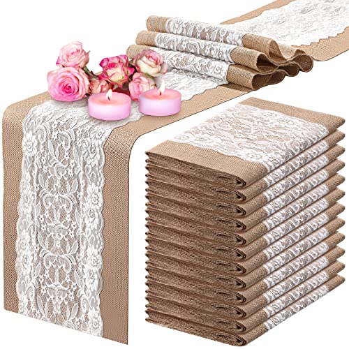 Chumia 12 Pack Lace Burlap Table Runner Rustic Natural Jute Table Runner 12 x 72 Inch Farmhouse Hessian Tablecloths for Vintage Country Wedding Birthday Thanksgiving Christmas Party(Classic Style)