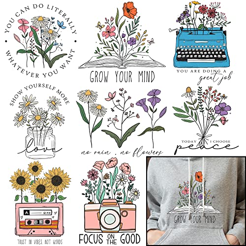 8 Sheets Vintage Flowers Iron On Transfers for T-Shirts - Flowers Htv Heat Transfer Vinyl Iron On Decals Patches Design - Iron On Stickers T-Shirts Clothing Hats Pillows Backpacks for Women Crafts