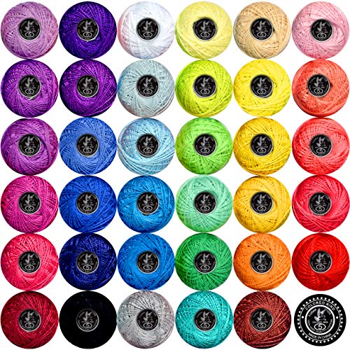 Crochet Thread Cotton Yarn Threads Balls 35 Balls Popular Rainbow Colors of Size 5 Crochet Thread 100% Long Staple Cotton Mercerized Cotton