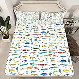 Fish Sheets Set Twin Size Cute Fish Bait Sheets with Deep Pocket Fitted Sheet for Kids Boys Girls Colorful Fishing Hooks Bed Sheet Set Nature Fishing Theme Bed Set Room Decor 3Pcs with 1 Pillow Case