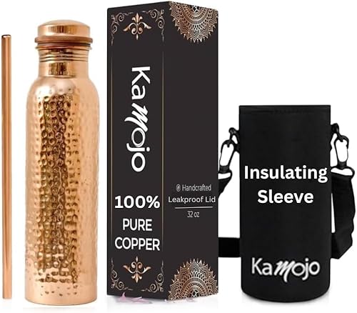 Kamojo Copper Water Bottle for Drinking - Hammered 100% Pure Copper Tumbler with Leak Proof Lid, Removable Insulating Sleeve & Straw - Handcrafted Ayurvedic Cup for Water 32 fl oz