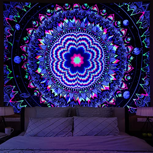 Amonercvita Blacklight Tapestry Trippy Mandala Tapestries UV Reactive Galaxy Stars Tapestry Psychedelic Neon Tapestries Wall Hanging Hippie Black Light Poster for Bedroom