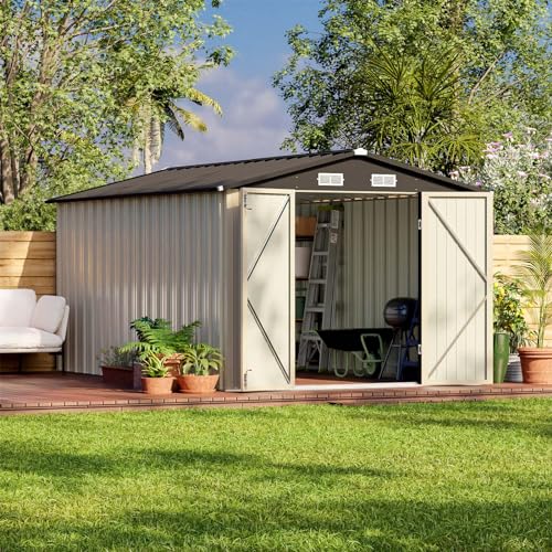 Patiowell 12 x 8 FT Outdoor Storage Shed, Steel Shed Storage House with Design of Lockable Doors, Utility and Tool Storage for Garden, Patio, Backyard, Outside use, Brown