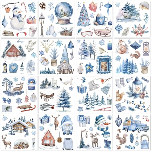 16 Sheets Winter Rub on Transfers for Crafts Snow Style Scrapbook Stickers Rub on Decals for DIY Wood Furniture Fabric Journal Dairy Envelope Crafts, 5.9 x 5.9 Inch