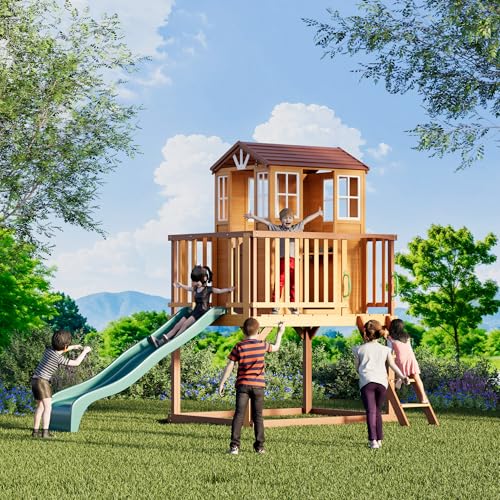 HOMMOW Kids Outdoor Playhouse, Cedar Wooden Outdoor Play House with Wave Slide,Growth Chart,Interactive Play Kitchen,Installation Manual and Videos Included