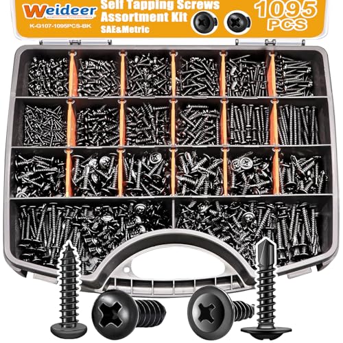 weideer 1095pcs Self Tapping Screws #8#10 M2 M3 M4,410 Stainless Steel Black Oxide Truss Head and Carbon Steel Phillips Pan Head Self Tapping Screws Assortment Kit
