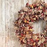 Glitzhome 18.5" D Fall Fabric Plaid Wreath, Artificial Wreaths Rustic Hanging Ornaments for Fall Front Door Wall Decor