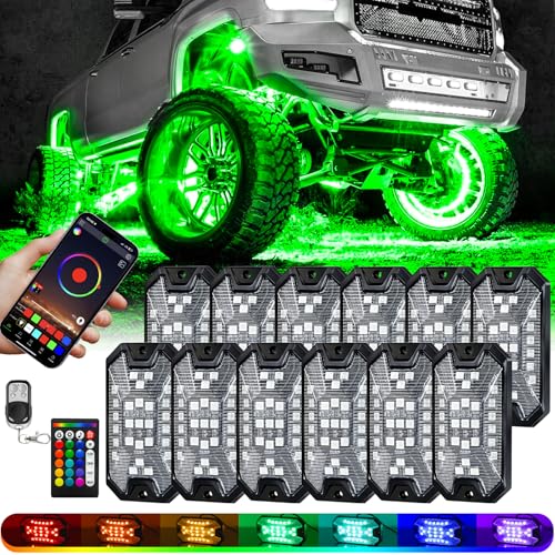 12Pods 5 Sides Full Angle RGB LED Rock Lights Kits High Brightness 27 Beads RGBW 5050 IP68 Waterproof Underglow Multicolor Exterior Wheel Rock Lights for 12V Trucks Jeep Offroad Pickup UTV ATV RZR SUV