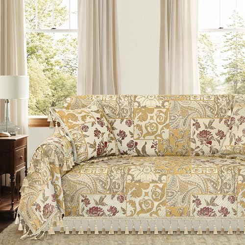 Loom and Mill Luxury Sofa Covers Patchwork Design, Damask Floral Couch Cover Sofa Throw Cover with Tassels for 2-3 Cushion Couch, Sectional Couch Covers Sofa Slipcover for Dogs, Beige Yellow, 71"X118"