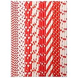 Cooraby 200 Pieces Valentine's Day Paper Straws Red and Pink Biodegradable Drinking Hearts Stripe Bicolor Stripe Dot Chevron Straw Mix for Wedding Supplies and Party Favors, 8 Styles (Red)