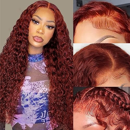 Aveiyce Reddish Brown Deep Wave Lace Front Wigs Human Hair Auburn Colored 13x4 HD Transparent Lace Frontal Wig for Black Women 180% Density Copper Red Glueless Lace Front Curly Wig Pre Plucked 26 Inch