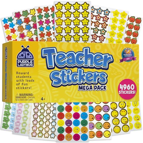 Purple Ladybug Teacher Stickers for Students - 4960 Reward Stickers for Classroom Supplies, Teacher Must-Haves & School Stickers, Small Stickers for Reward Charts, Mess-Free Summer Travel Activities
