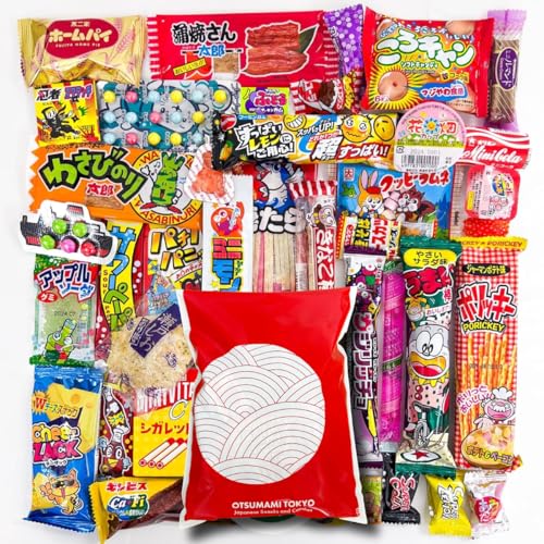 OTSUMAMI TOKYO, Original Japanese Snacks Giftee Bag, Full of Dagashi, Candy, Gummy, Marshmallows, Chips, Bubblegum, weird food Japan, for Gifts, Picnics, for both Children and Adults