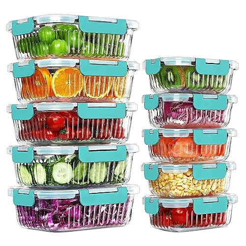 KOMUEE 10 Packs Glass Meal Prep Containers with Lids, Glass Food Storage Containers Set, Airtight Lunch Containers, Microwave, Oven, Freezer and Dishwasher Safe, Green