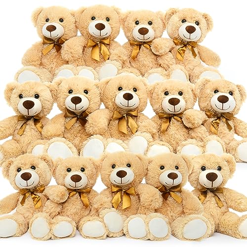 MorisMos 14Pcs Teddy Bears Bulk Baby Shower, 14inch Cute Teddy Bear Stuffed Animal Plush, Small Stuffed Bears on Centerpiece Baby Shower, Kids Party Favors, Brown