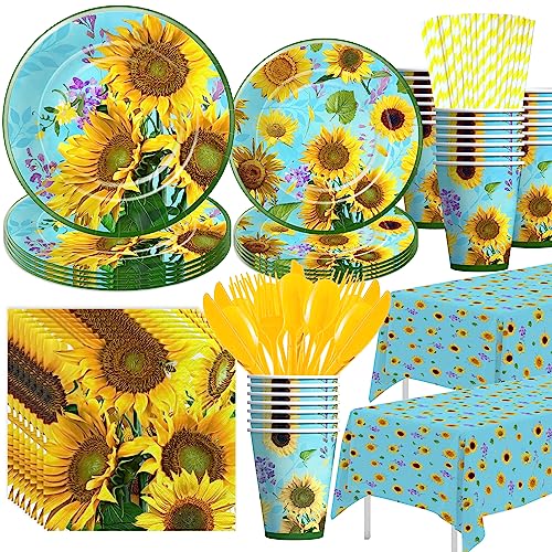 Xigejob Sunflower Party Decorations Tableware - Sunflower Birthday Decorations, Plate, Cup, Napkin, Tablecloth, Cutlery, Sunflower Theme Baby Shower Bridal Shower Birthday Party Supplies | Serve 24