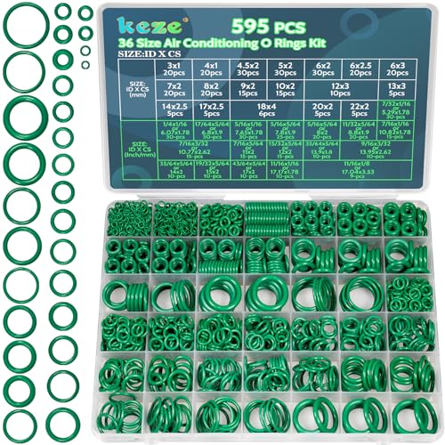 KEZE 595 Pcs Metric and SAE Air Conditioning O Ring Kit,36 Size Seal Rubber O-Rings Assortment Set for Compressor Automotive A/C Plumbing Repair ID:3-22mm (Green)