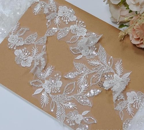 G-RUI 2yard Sequins Beaded Flower Embroidery lace Appliques for Wedding Dresses Rhinestone Applique Patches lace Trims parches ropa (Off White) (P3403A)