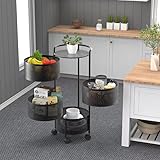 Rotating Kitchen Storage Rack No Assembly, 4-Tier Metal Storage Tower Basket Shelves Organizer on Rolling Wheels with Removal Drawers for Fruit Vegetable Grocery Corns Potato Onion (4-Tier, Black)