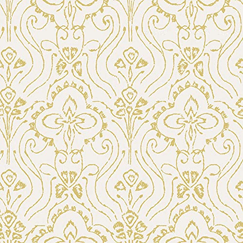 Tempaper Yellow Pacific Wave Damask Removable Peel and Stick Wallpaper, 20.5 in X 16.5 ft, Made in The USA, Sundance