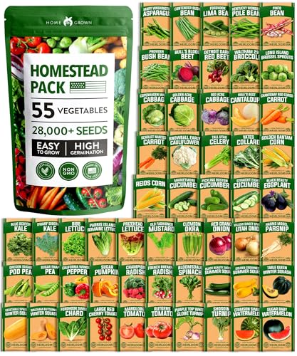 HOME GROWN 55 Vegetable Seeds Pack – 28,000+ 𝗨𝗦𝗔 Heirloom 𝗡𝗢𝗡-𝗚𝗠𝗢 Seeds for Planting – Spring, Fall, Winter Garden Kit – Survival Seed Vault for Preppers & Gardeners – Gift for Men & Women