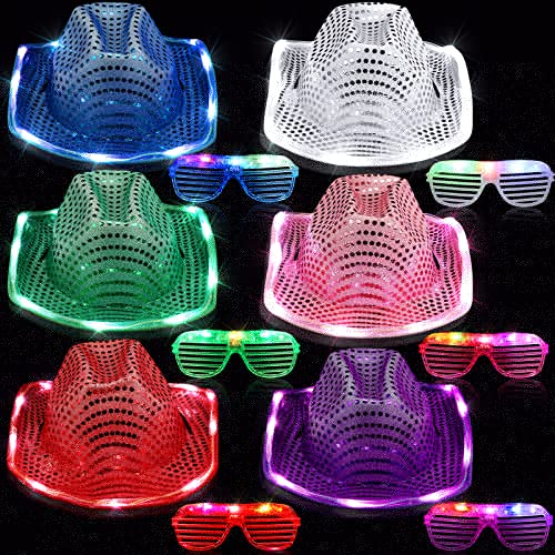 Maitys 12 Pieces Space Cowgirl Hat and LED Glasses Set Glow in The Dark LED Cowboy Hat Shutter Shades Light up Glasses for Women Men Birthday Party Supplies, Assorted Colors