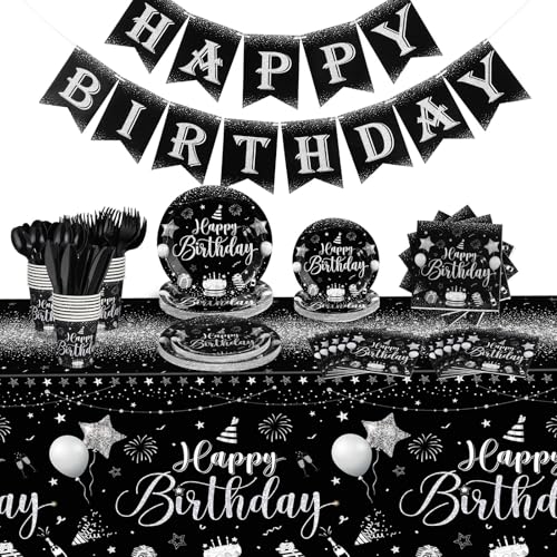 Vesici 171 Pcs Happy Birthday Party Supplies 24 Set Disposable Party Tableware include Plates Cups Napkins Cutlery and Banner Tablecloth Birthday Dinner Decorations for Men Woman(Black, Silver)