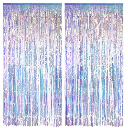 GREATRIL Iridescent Party Streamers Backdrop Neon Transparent Holographic Tinsel Foil Fringe Curtain for Mermaid/Frozen/Sea/Euphoria/ERAS Party Theme Decorations 2 PCS