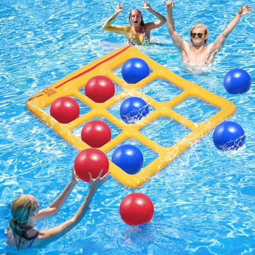 TicTac Shot Pool Toys Games Set- Tic-Tac-Toe Inflatable Pool Toy with 10 Balls - for Adults Teens Kids 2-10 Players