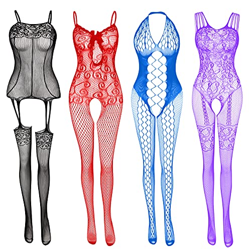 Women's Lace Stockings Lingerie Floral Fishnet Bodysuits Lingerie Nightwear for Romantic Date Wearing (4 Pack)