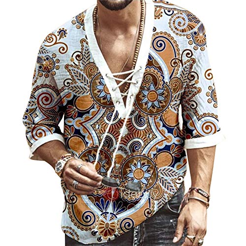 Men's Fashion Shirt Short Sleeve Beach V-Neck Drawstring Printing Yoga African Summer Top White XL