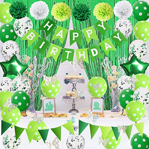 Green Birthday Decorations, Green and White Party Supplies with Tissue Pom Poms, Happy Birthday Banner, Confetti Balloons, Light Green Polka Dot Balloons, Butterfly Stickers for Men Women Boys Girls