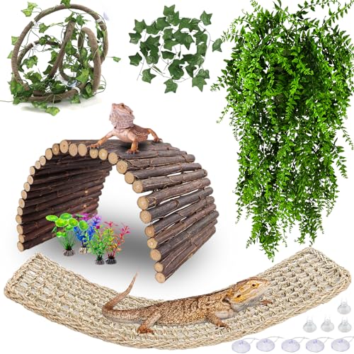 HERCOCCI Bearded Dragon Tank Accessories, Large Reptile Bridge Hammock Flexible - Jungle Climbing Vines and Leaves with Suction Cups Habitat Décor for Hiding& Climbing Snake Gecko Lizard Chameleon