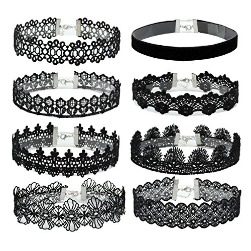 Eigso 8Pcs Gothic Tattoo Lace Choker Necklaces Set for Women Adjustable Black Collar Choker