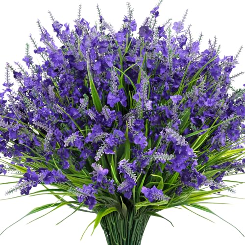 Besteek 20 Bundles Artificial Lavender Flowers for Outdoors Fake Silk Flowers Faux Plants UV Resistant for Indoor Outside Spring Porch Garden Window Table Box Office Home Decorations, Deep Purple