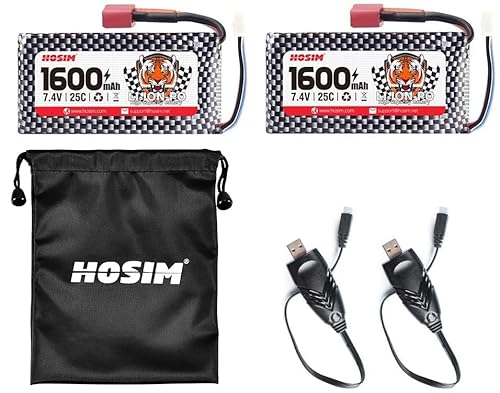 Hosim 2pcs 7.4V 1600mAh 25C T Connector Li-Polymer Rechargeable Battery Pack and 1pcs Battery Bag, Li-Po Rechargeable Battery 9125 Truggy S920 S921 High Speed Truck Accessory Supplies