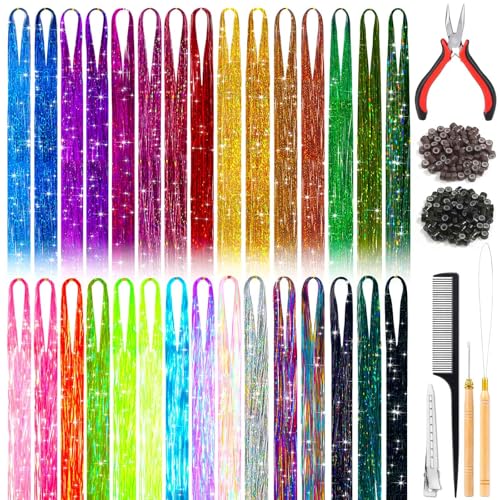 30 Shiny Colors Fairy Hair Tinsel Kit with Tools 48 Inch 6000 Shimmer Hair Glitter Strands Sparkle Hair Extensions for Women Girls Kids Long Short Hair Tensile Kit