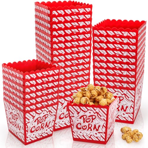 Covzoe 30 Packs Plastic Popcorn Box, Reusable Open-Top Popcorn Containers Bulk, Classic Red & White Striped Snack Bowls Bucket Tub for Movie Night, Party, Square 3.8 x 3.8 Inch