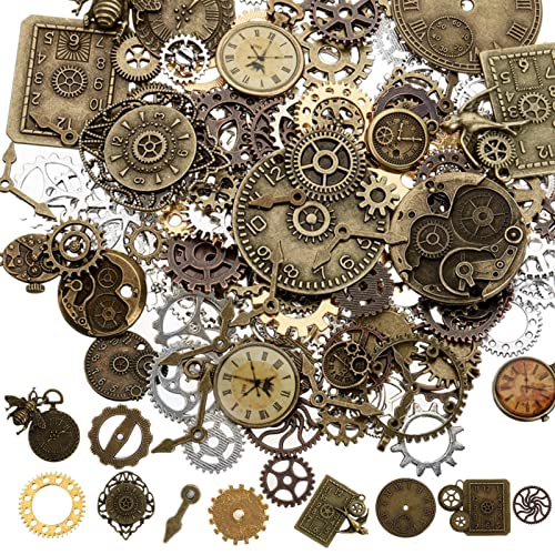 ZOOFOX 300 Gram Gears Charms, Mixed Vintage Bronze Watch Cog Wheel Set, DIY Metal Steampunk Pendant for Crafting, Jewelry Making Accessory