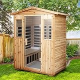 YOPTO Outdoor Infrared Sauna, 4 Person Sauna for Home with 2 Windows and Tempered Glass Door,2050W Fir Wood Sauna Room with 8 Heating Panels,Bluetooth Speakers and LED Reading Light, Natural