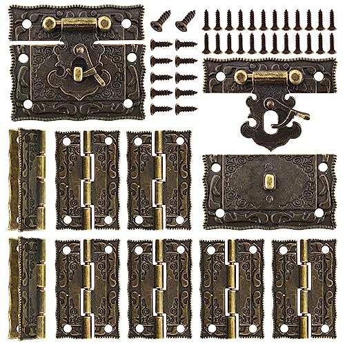 Rectangle Antique Right Hook Hasp Latch Vintage Bronze Engraved Hinge with Matching Screws for Repair and Decorative Jewelry Box Wood Boxes 4 Sets