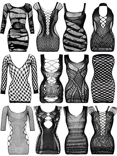 Geyoga 12 Pieces Women's Fishnet Lingerie Mesh Babydoll Bodysuit Lace Smock Lingerie for Women (Black)